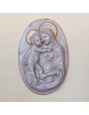Madonna con Bambino Ovale in Simil Travertino e Oro in Ceramica