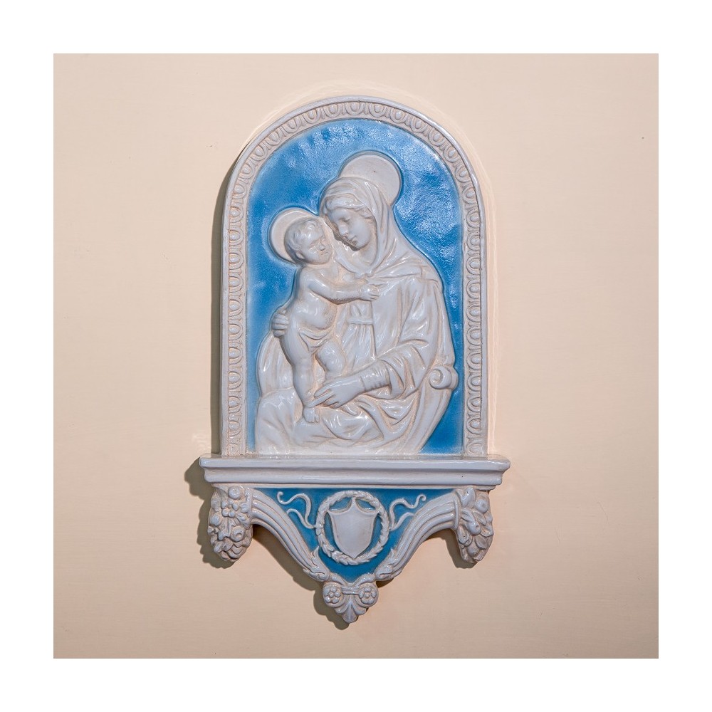 Madonna con Base Lavorata Smaltata Colorata in Ceramica