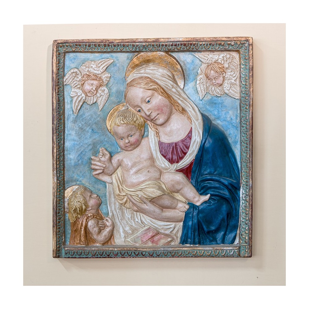 Madonna con Bambino e Angeli Patinato Colorato e Oro in Ceramica