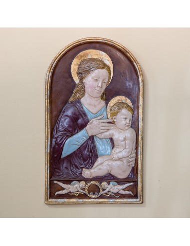 Madonna Scuola Raffaello Patinata Colorata e Oro in Ceramica