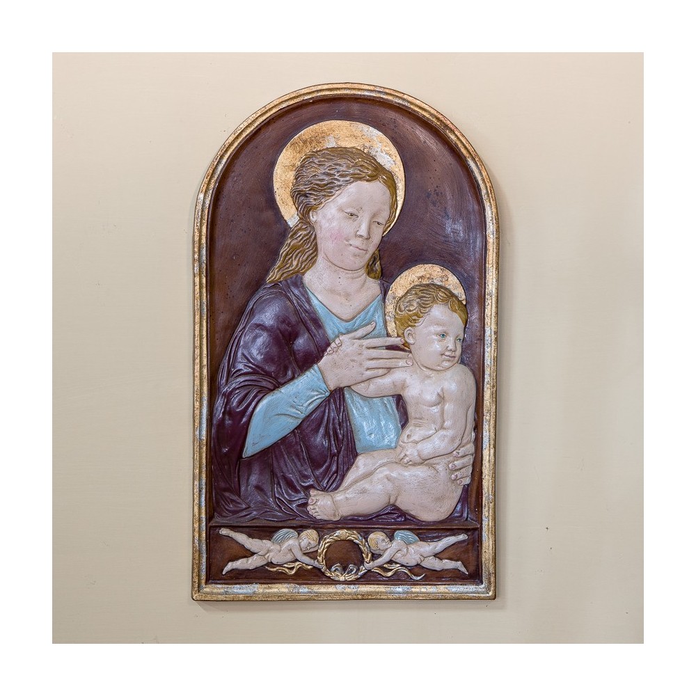 Madonna Scuola Raffaello Patinata Colorata e Oro in Ceramica