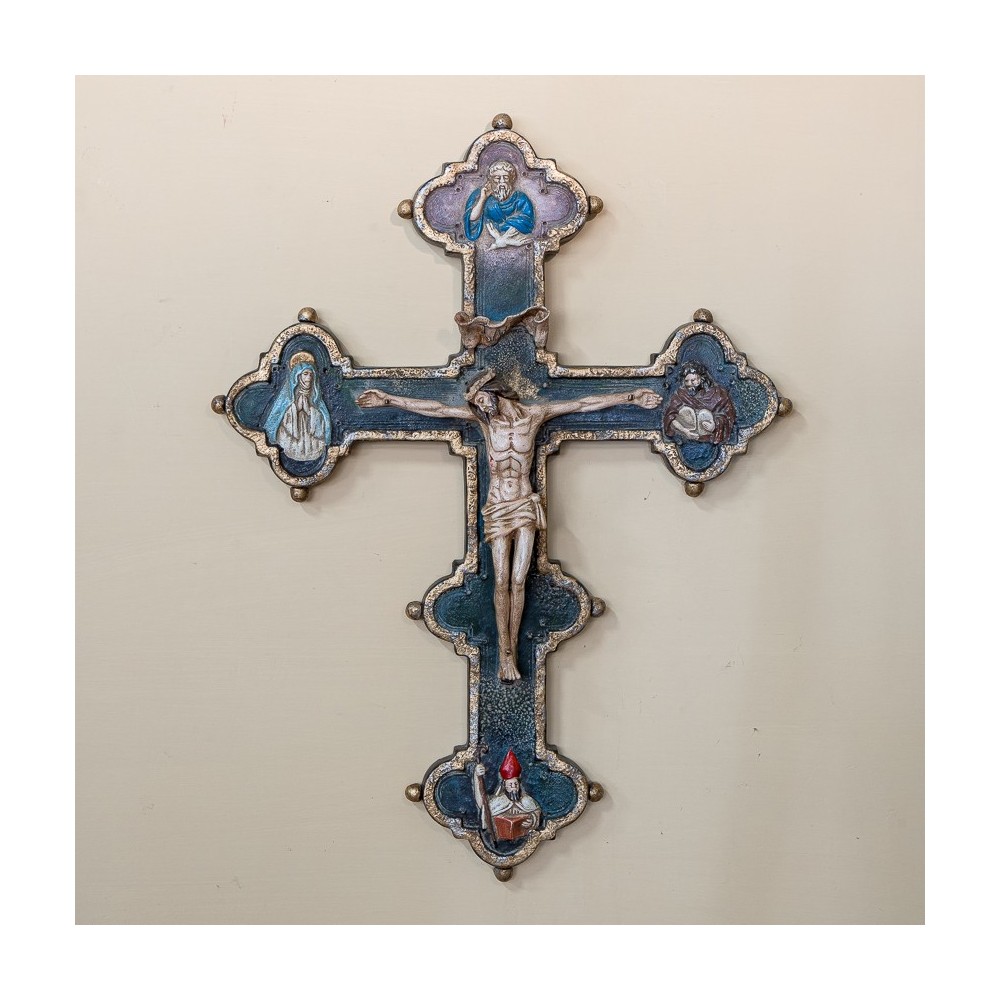 Crocifisso del '400 Patinato Colorato e oro in Ceramica