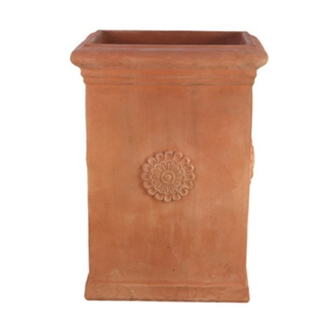 Vaso quadrato alto con rosetta in terracotta d'Impruneta