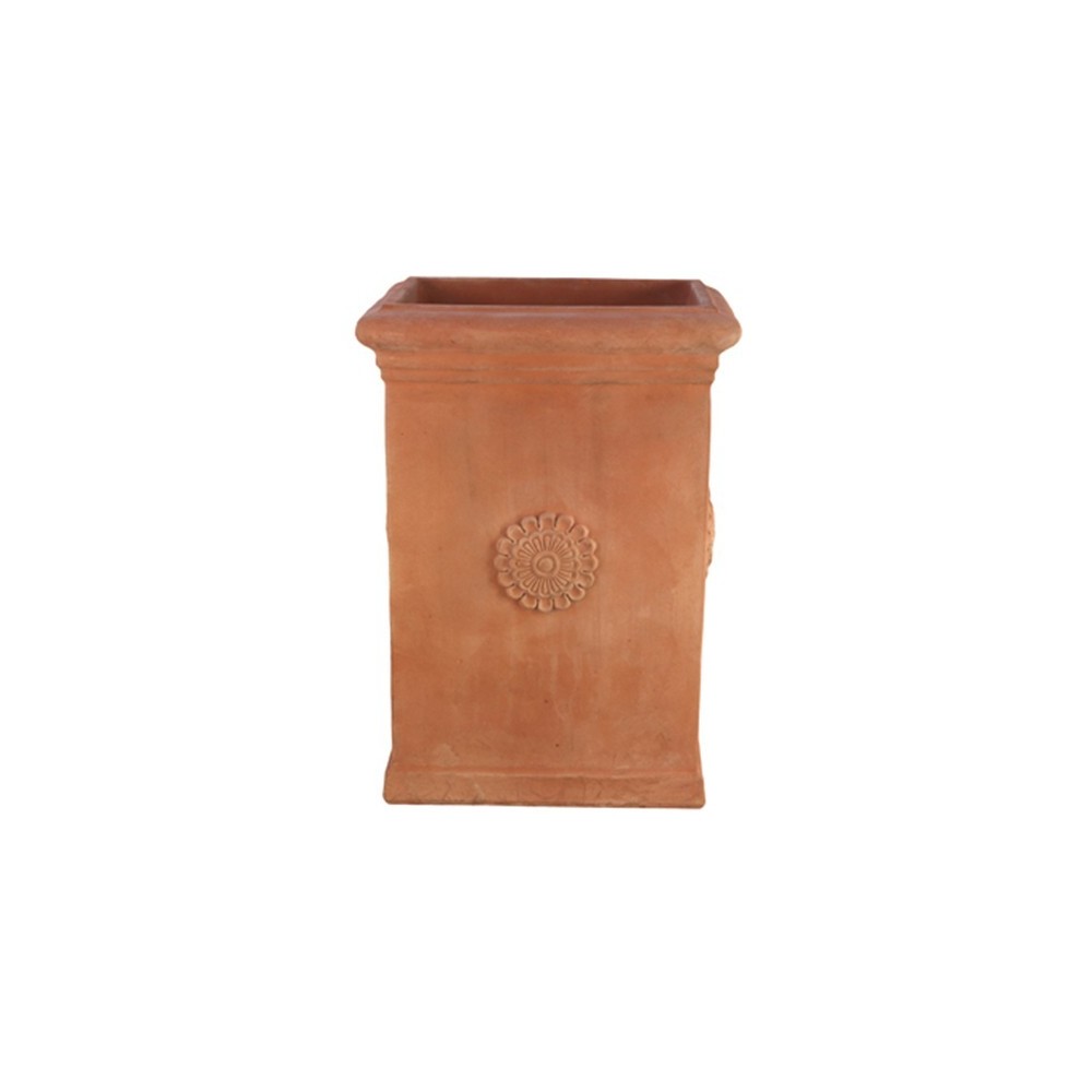 Vaso quadrato alto con rosetta in terracotta d'Impruneta
