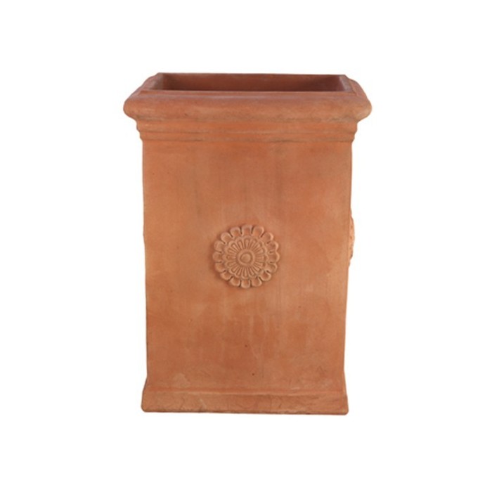 Vaso quadrato alto con rosetta in terracotta d'Impruneta