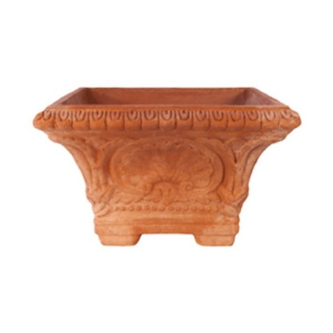 Vaso quadrato decorato con piedini di rialzo in terracotta