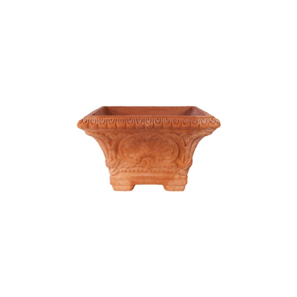 Vaso quadrato decorato con piedini di rialzo in terracotta