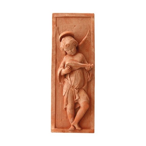 Bassorilievo angelo con mandolino in terracotta