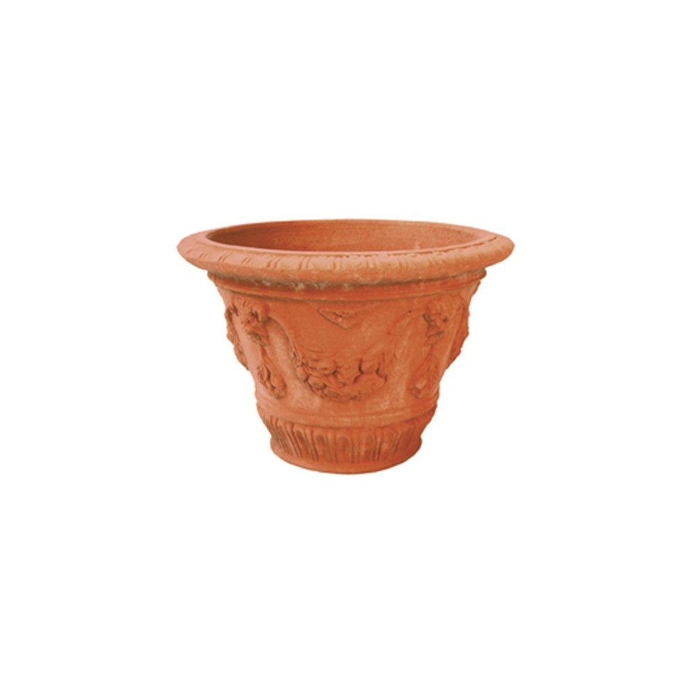 Vaso lavorato con maschere in terracotta d'Impruneta | Terrecotte Cestenoli